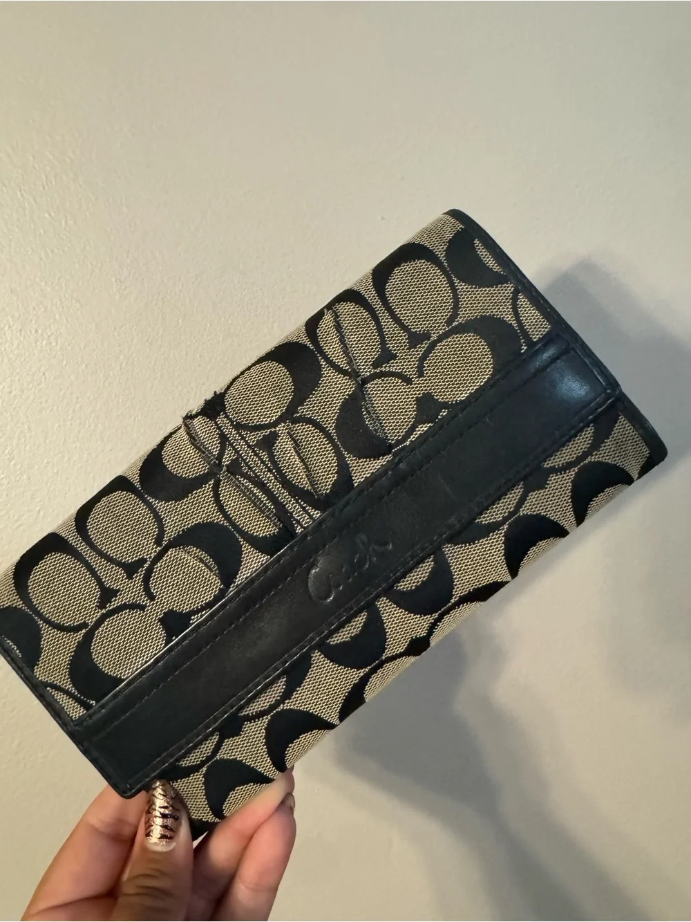 Coach Signature Canvas Continental Wallet in Black and Tan